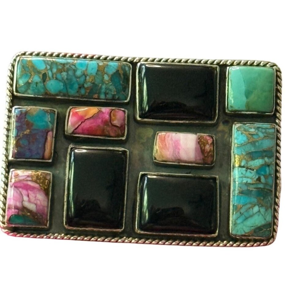 HUGE Sterling Silver Adjustable Ring Onyx Turquoise Spiny Oyster